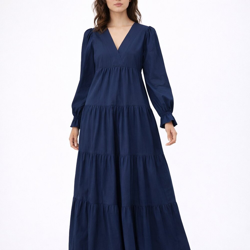New York & Company Navy Blue Tiered Maxi Dress V-Neck Long Sleeve Small‎ NY & Co